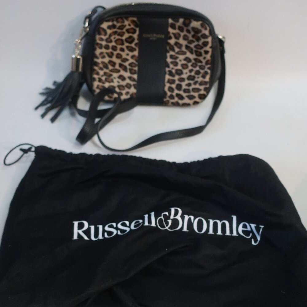 NWOT Womens Russell & Bromley Black Leather/Brown Tan Leopard Pony Hair Bag